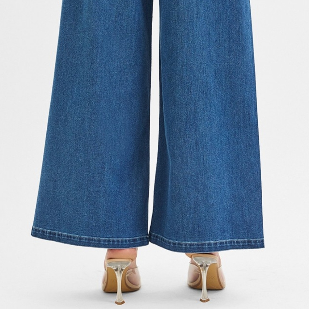 RISEN Palazzo Baggy Mid-Rise Pleated Ultra Wide Oversized Leg Jeans Denim Pants - Picture 15 of 16